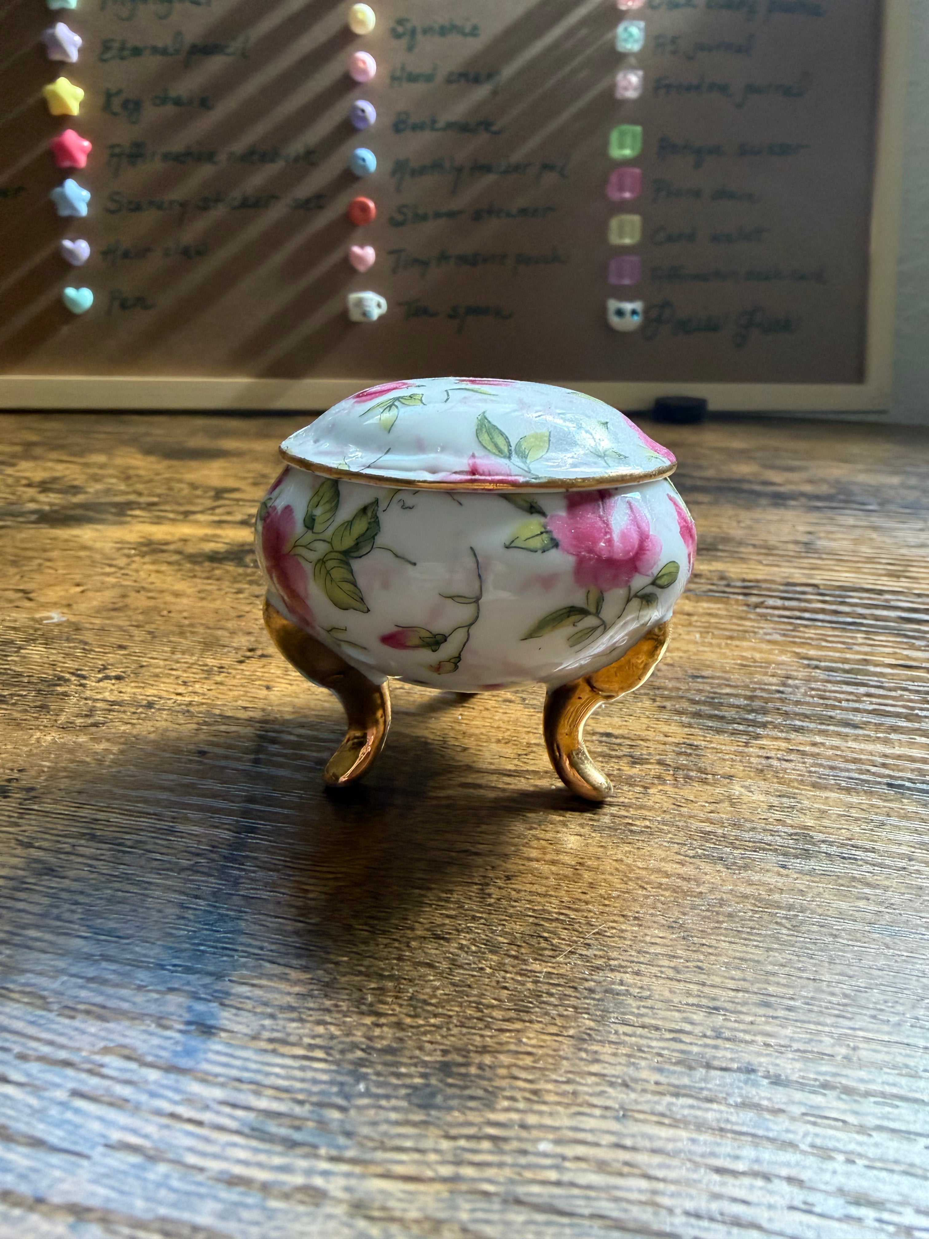 Antique Floral Ceramic Trinket Holder — Dainty 3-Footed Keepsake