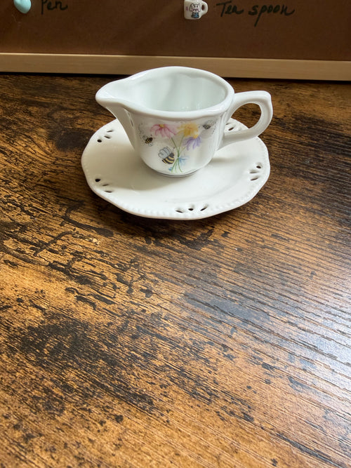 Antique Bee & Floral Ceramic Creamer & Saucer Set 🐝🌸 — Vintage Keepsake & Display Piece