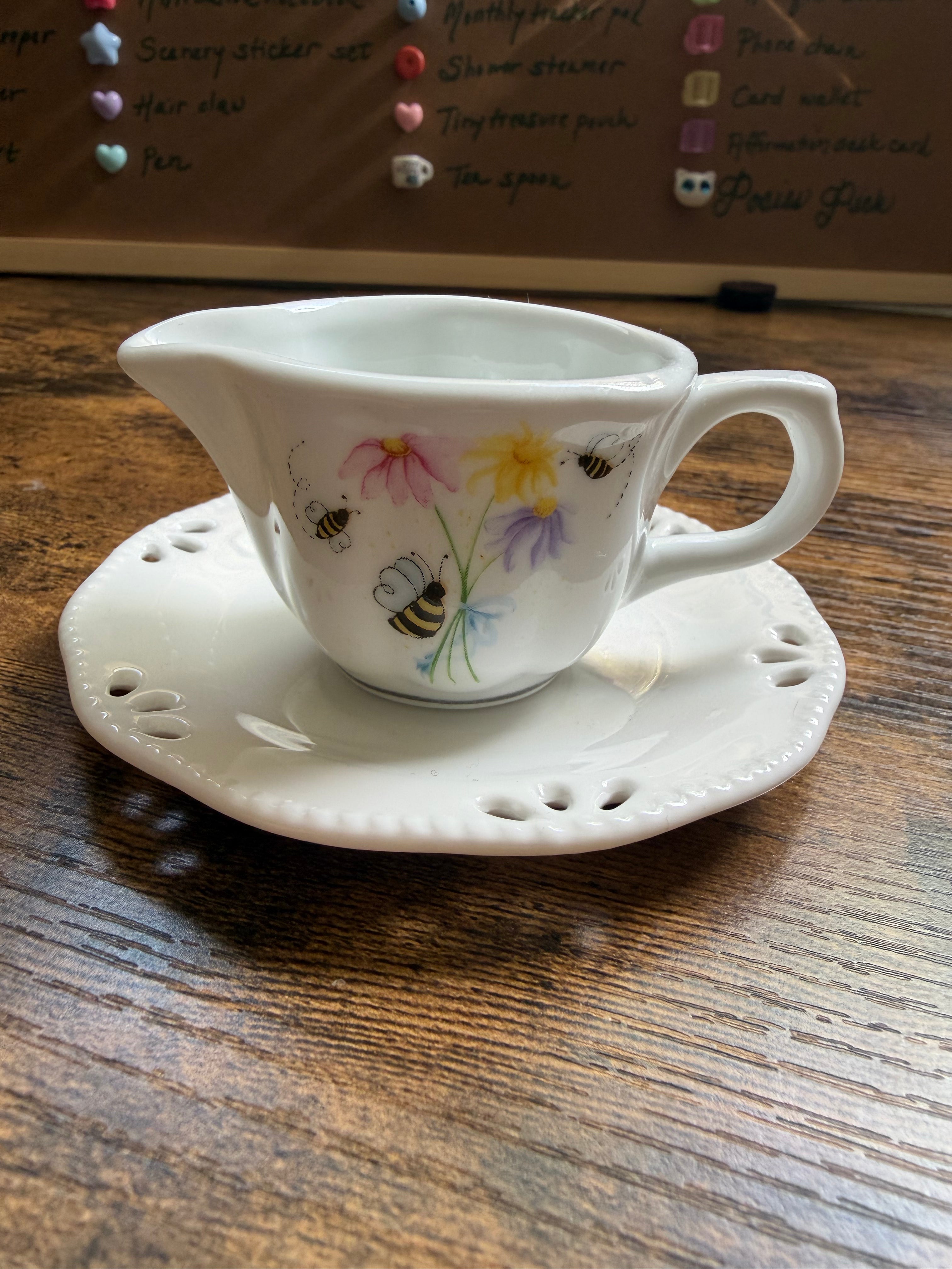 Antique Bee & Floral Ceramic Creamer & Saucer Set 🐝🌸 — Vintage Keepsake & Display Piece
