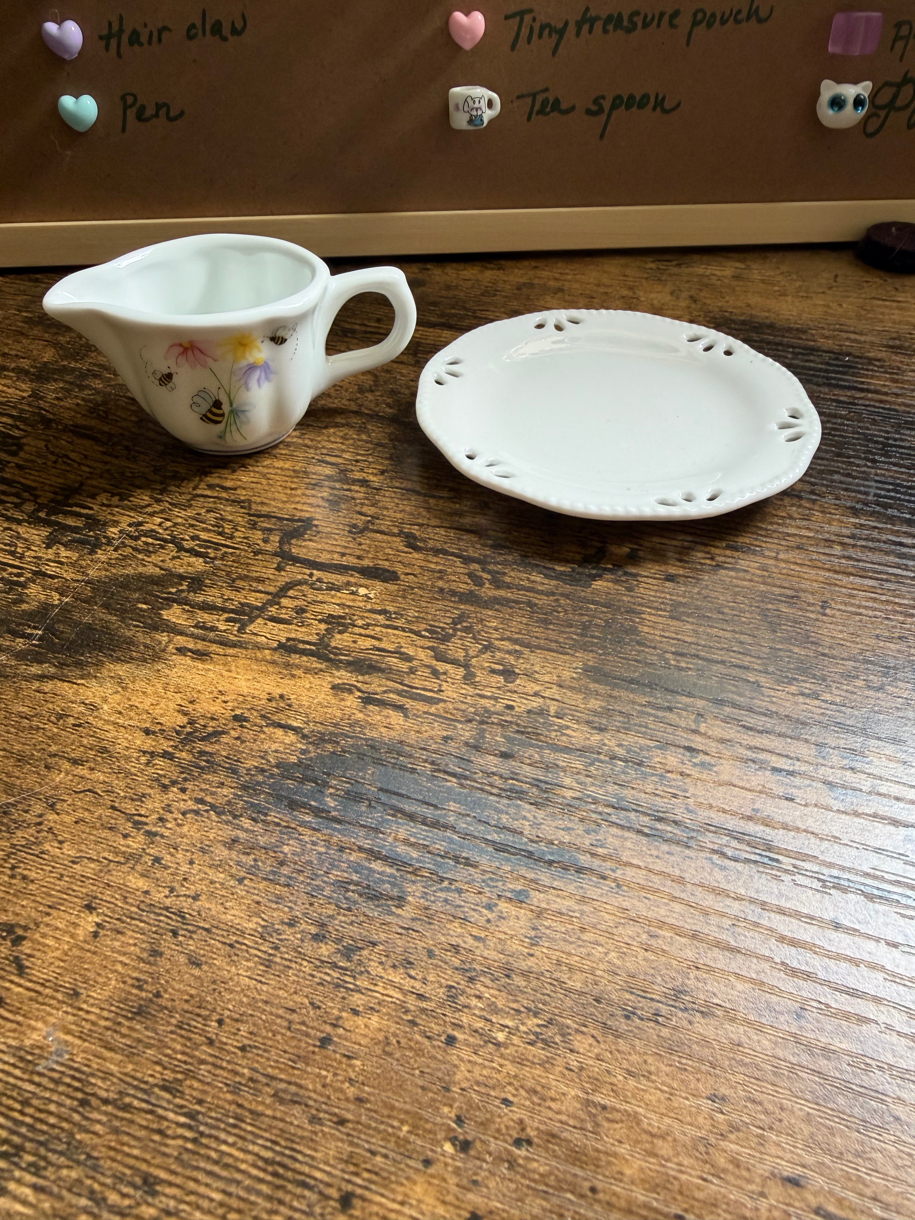 Antique Bee & Floral Ceramic Creamer & Saucer Set 🐝🌸 — Vintage Keepsake & Display Piece