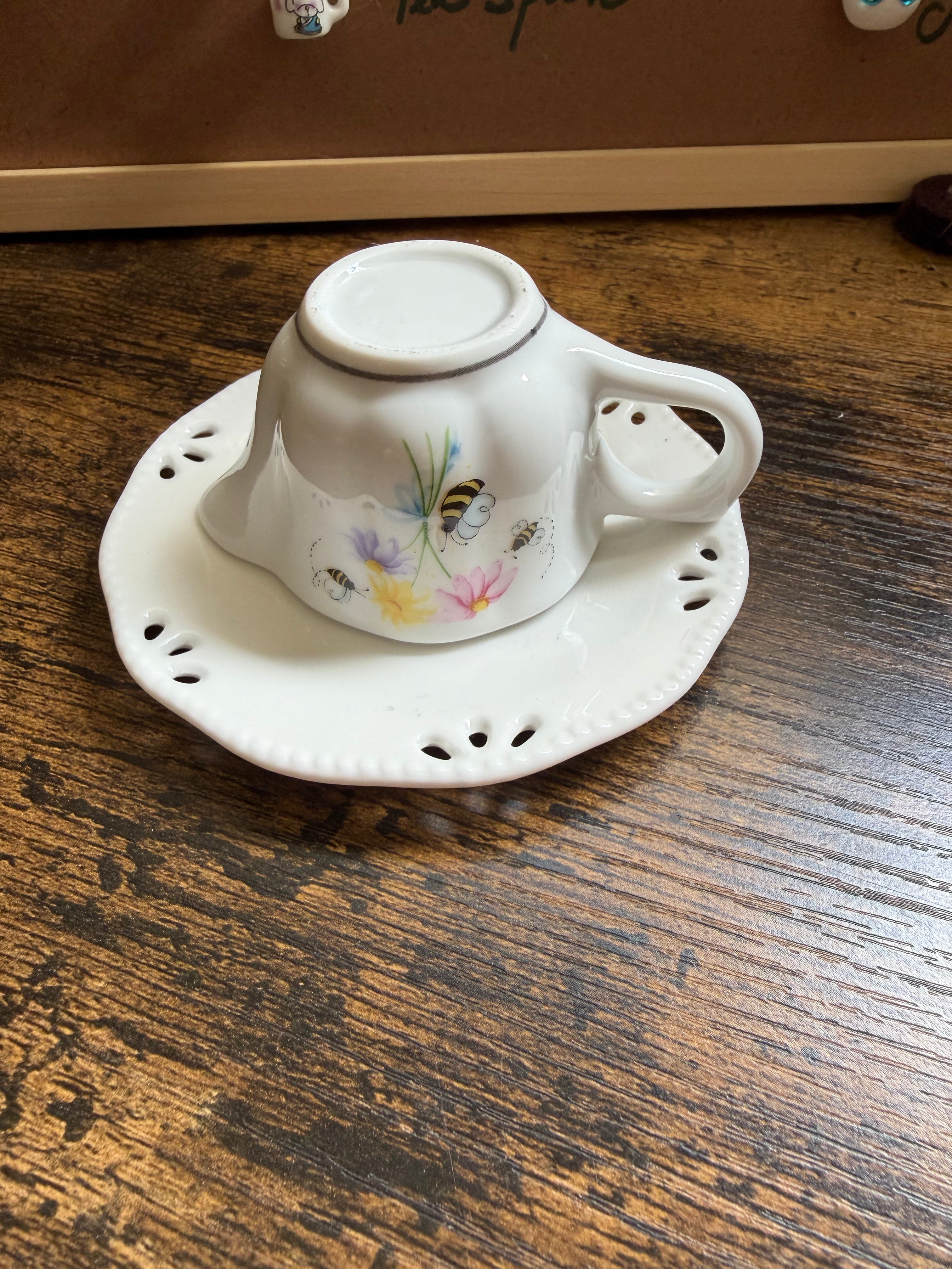 Antique Bee & Floral Ceramic Creamer & Saucer Set 🐝🌸 — Vintage Keepsake & Display Piece