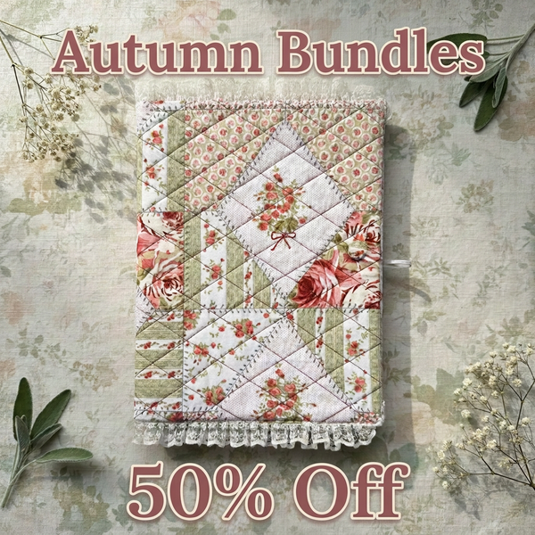 Autumn Bundles at the top and 50% Off at the bottom, with soft cottage-core styling