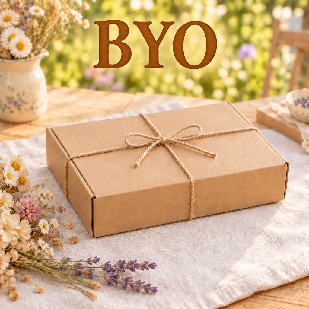 BYO closed box with matching brown serif lettering