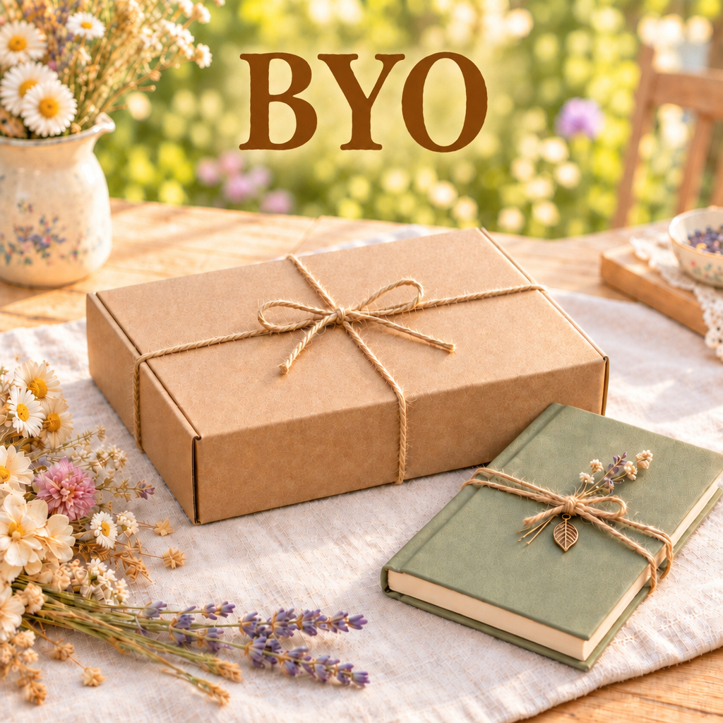 BYO photo with matching brown serif lettering