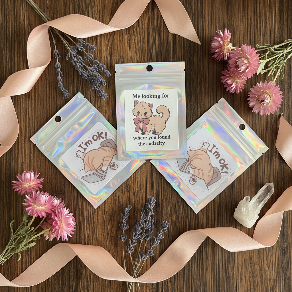 Cat Sticker Bags Flat Lay