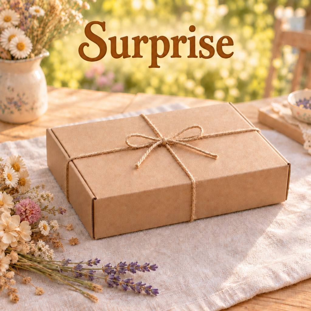 Closed surprise box with title-case brown lettering