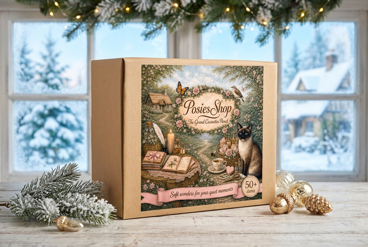 Grand Curiosities Parcel in a bright, frosty Christmas cottage setting