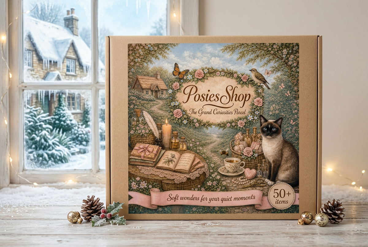 Grand Curiosities Parcel in a bright, icy Christmas cottage scene