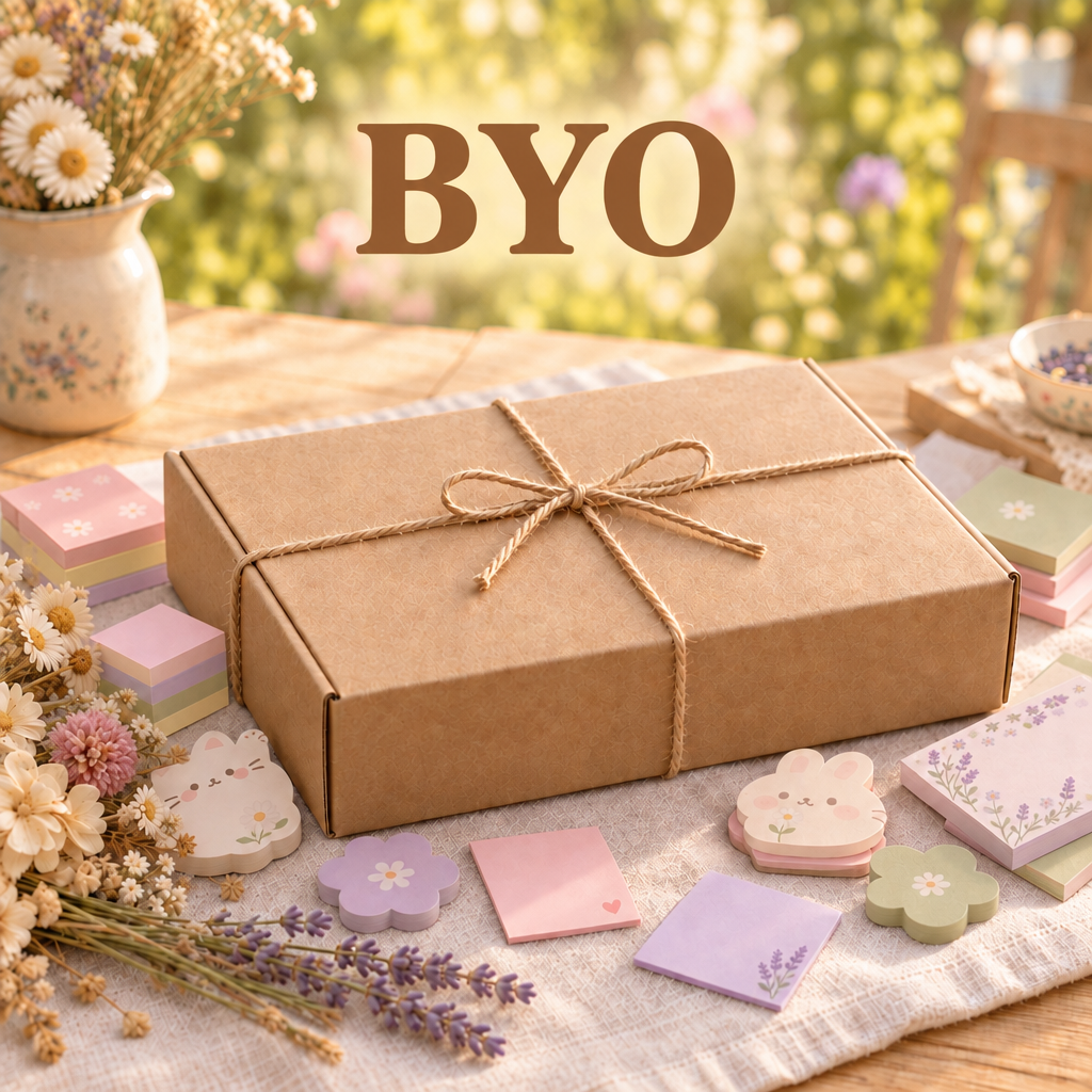 Kraft sticky note box with large BYO lettering at top, cottage garden
