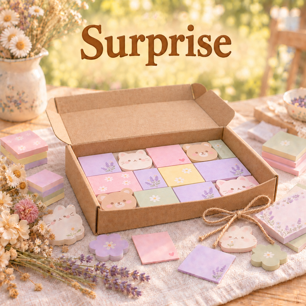 Open surprise box with kawaii animal sticky notes inside