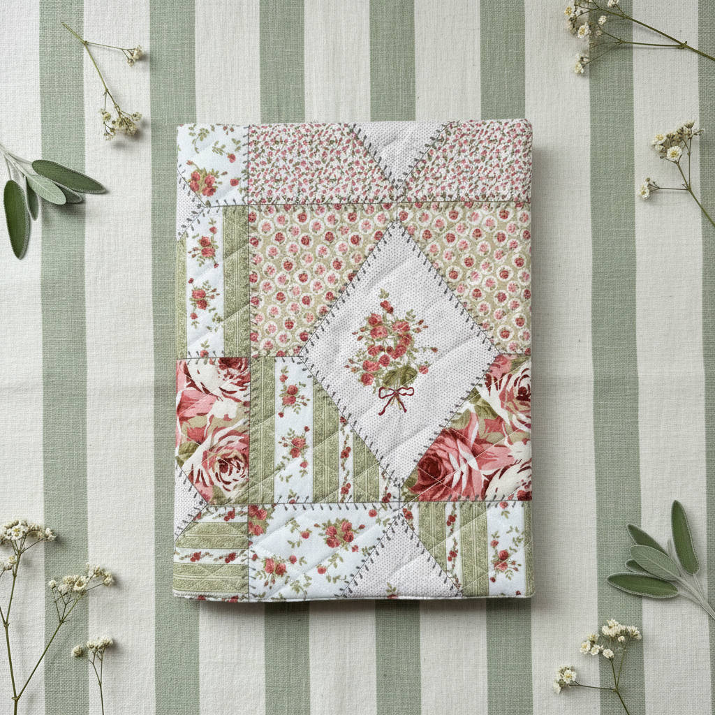 Patchwork notebook cover with cottage-core background