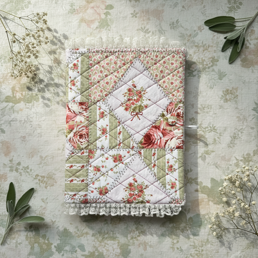 Quilted notebook cover with cottage-core background