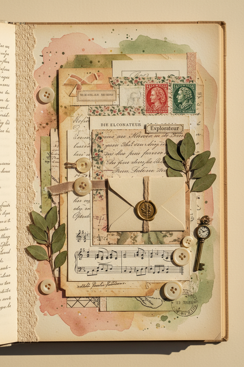 Rich Junk Journal Page — Leaves OK, No Flowers