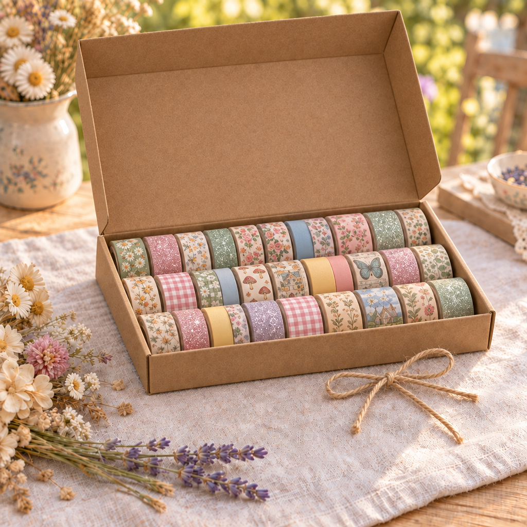 Washi box with taller lid, sparkly and solid-color rolls mixed in