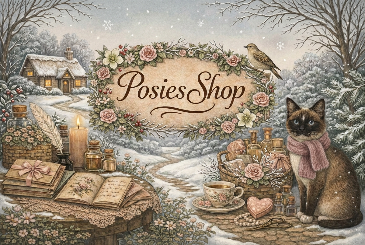 Winter Posies Shop illustration with the cat wearing a cozy scarf